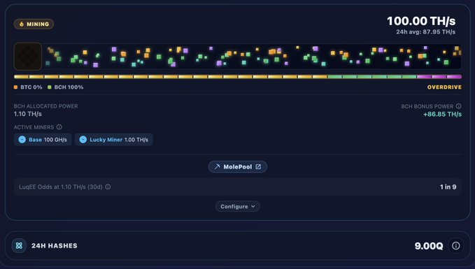 A mining dashboard for LuqEE Miner showing a BCH allocation of 1.10 TH/s with a BCH Bonus Power of 86.85 TH/s, pushing total hash rate to 100.00 TH/s (24h avg: 87.95 TH/s), 24H Hashes of 9.00Q, and a LuqEE Odds indicator of 1 in 9, illustrating the user's boosted solo mining chances.