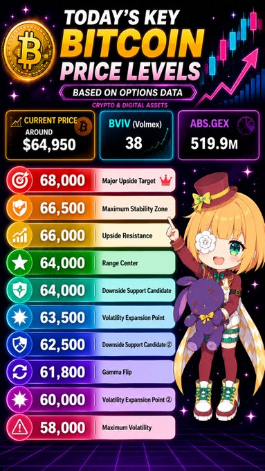 An infographic titled 'TODAY'S KEY BITCOIN PRICE LEVELS BASED ON OPTIONS DATA' showing a current price around $64,950, BVIV at 38, and ABS.GEX at 519.9M, with an anime-style character on the right listing price levels like 68,000 (Major Upside Target) down to 58,000 (Maximum Volatility).