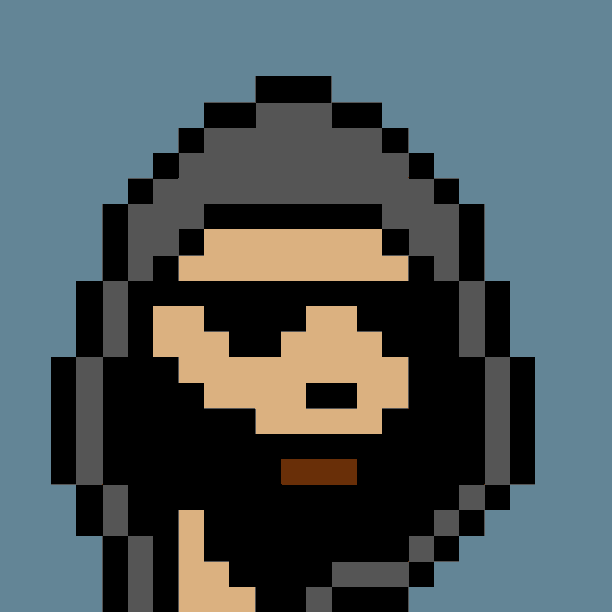 The image features a man with a beard wearing sunglasses and a hoodie hat. The background of the image is blue, which contrasts with the man's black hair. There is also text present that reads "This @cryptopunks just sold for 200 ETH. Yeah, NFTs are dead." This message seems to be related to the post about NFTs or cryptocurrencies.