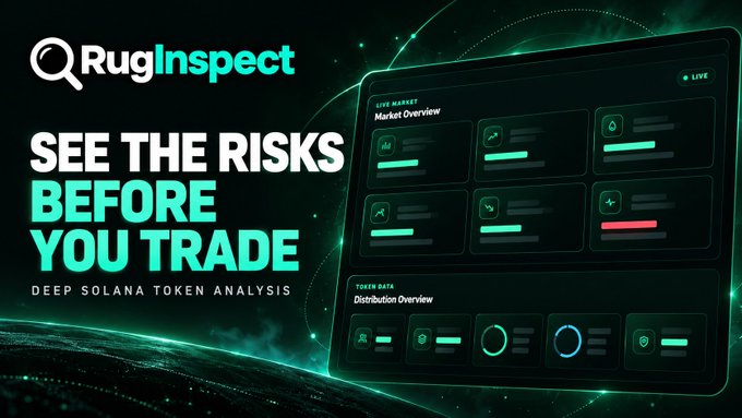 A promotional graphic for "RugInspect" features the tagline "SEE THE RISKS BEFORE YOU TRADE – DEEP SOLANA TOKEN ANALYSIS" alongside a mockup dashboard displaying a "Market Overview" with "LIVE" indicator and a "Distribution Overview" section, visually representing the tool's purpose of analyzing Solana tokens for warning signs and trading activity before users make investment decisions.