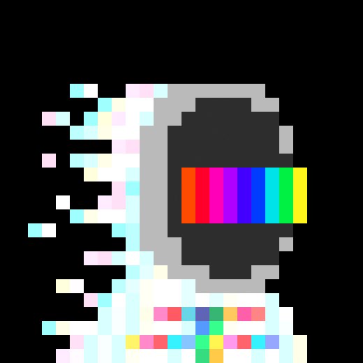 A pixel-art hooded figure with a glitching, fragmented body and a head displaying a rainbow TV color bar pattern, set against a black background. The image visualizes the described traits—a "ZERO-KNOWLEDGE" lineage, "SMPTE" color bars for skin, and "SIGNAL ERROR" glitch effects for eyes—evoking a cryptographic Zcash ($ZEC) theme.