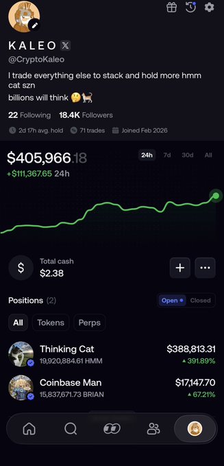 A screenshot of a cryptocurrency trading profile for "KALEO" (@CryptoKaleo) showing a portfolio value of $405,966 with a $111,367.65 gain in 24 hours, primarily holding $388,813.31 in "Thinking Cat" (HMM, up 391.89%) and $17,147.70 in "Coinbase Man" (BRIAN, up 67.21%), visually confirming the post's claim about buying and holding $HMM driving their recovery toward the top of the leaderboard.