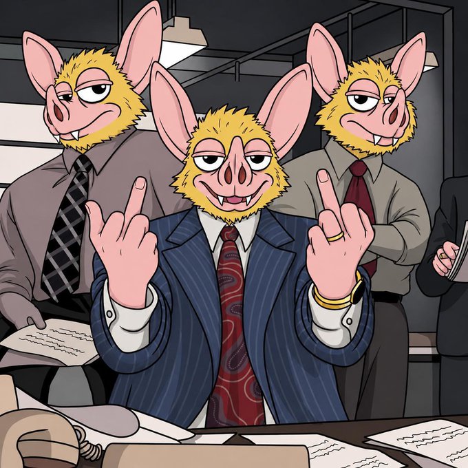 Cartoon illustration of three anthropomorphic bat-like creatures in business attire (suits and ties) in an office setting, with the central figure making an obscene gesture.