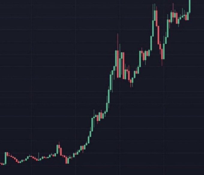 A financial candlestick chart showing a sharp upward trend from the lower left to the upper right, with the image used to visually support claims of massive gains on various memecoins like $PAID, $CATE, $CASHCAT, $STONK, and $MARSCOIN, promoting a "moon" call on a Telegram channel.