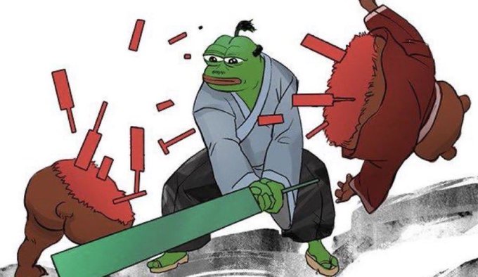 A cartoon illustration shows a green frog-headed samurai in traditional robes cutting two red-clad figures in half with a green katana.