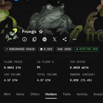 A dark-themed NFT marketplace listing for a collection called 'Frongs' showing 9,693 items on the Robinhood Chain, with an 'MINTING NOW' status and various stats like floor price (0.0042 ETH) and owners (71.4%).
