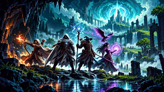 A vibrant fantasy digital artwork depicting an adventuring party—an archer, mage, staff-wielding warrior, and sorceress—standing before a mystical glowing castle and waterfalls.