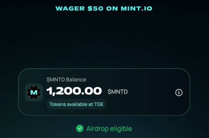 A dark-themed digital interface displaying the text 'WAGER $50 ON MINT.IO' at the top in teal, showing an '$MNTD Balance' of '1,200.00 $MNTD' next to a black gear-shaped 'M' logo, with a green checkmark and 'Airdrop eligible' at the bottom.