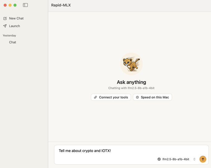 A chat interface for Rapid-MLX showing an AI assistant with the prompt 'Tell me about crypto and IOTX!' using the lfm2.5-8b-a1b-4bit model.