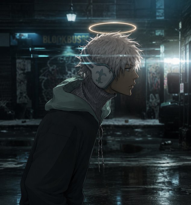 An anime-style illustration of a young man with white hair, headphones, and a glowing halo, standing in a dark urban alley with a 'BLOCKBUSTER' sign and street lamp in the background.