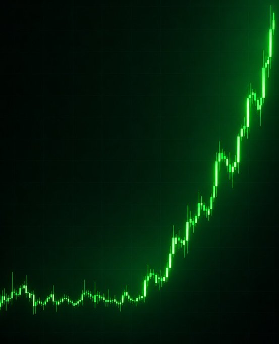 A glowing green candlestick chart shows a dramatic upward price breakout from a long flat base, illustrating a parabolic rally. The image visually answers the post's question by showcasing the kind of explosive move traders hope to catch in the next trending coin.
