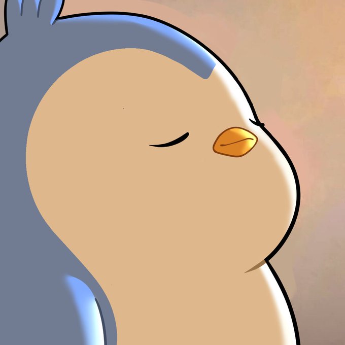 The image features a cartoon penguin with its eyes closed, giving the impression that it's sleeping or resting. The background of the image has a pinkish hue, which contrasts nicely with the blue color of the penguin. There are no texts present in the image, and the focus is solely on the penguin and its surroundings.