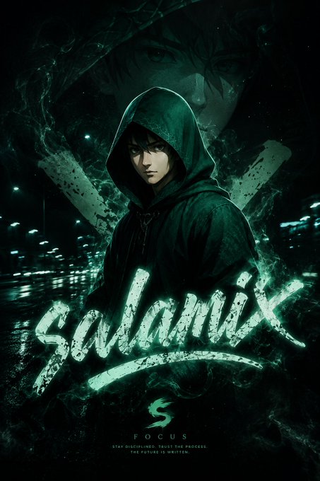 A dark, moody poster titled 'SYNCHRONIX' features a hooded figure with glowing green accents, overlaid text reading 'FOCUS', 'STAY DISCIPLINED. TRUST THE PROCESS.', and 'THE FUTURE IS WRITTEN.'