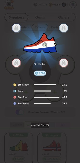 The image shows an advertisement for a shoe company's sneakers, with a focus on their collection of red, white, and blue shoes. The text in the image reads "Stepn's World Cup event will be a showdown against Paraguay Norway Senegal Looking forward to the match. By the way, I went ahead and upgraded Genesis to Rare lol #stepn". This advertisement is promoting a shoe brand that has been featured on the Stepn's World Cup website.