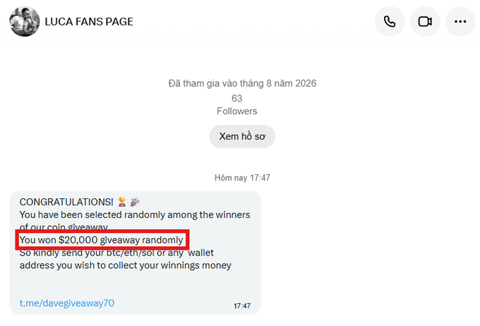 A screenshot of a direct message from 'LUCA FANS PAGE' claiming the recipient won a $20,000 giveaway and asking for a crypto wallet address, with the winning amount highlighted in red.