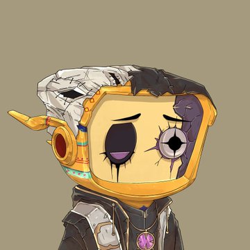 An anime-style character portrait featuring a boxy helmet with an eye design and dark clothing with a purple gem.