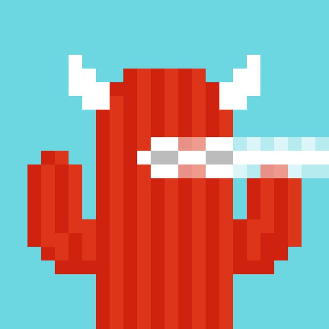 A pixelated red creature with white horns and muscular arms drinks from a glass using a straw against a teal background.