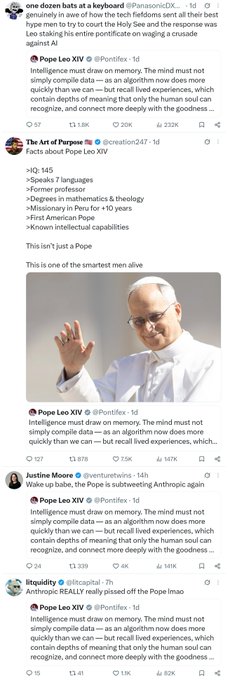 A Twitter/X thread screenshot from Pope Leo XIV (@Pontifex) discussing AI and intelligence, where he states 'Intelligence must draw on memory... but recall lived experiences, which contain depths of meaning that only the human soul can recognize, and connect more deeply with the goodness...' being shared by multiple users including @creation247, @q45__, @venturetwins, and @kapital_T.