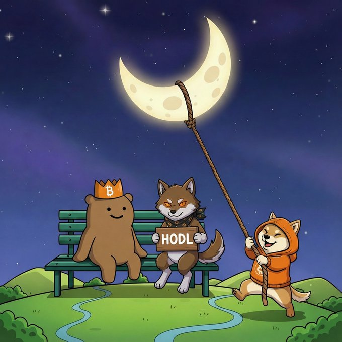 A cartoon illustration shows a bear wearing a 'B' crown, a fox holding a 'HODL' sign, and a dog in a hoodie trying to catch a crescent moon with a rope at night.