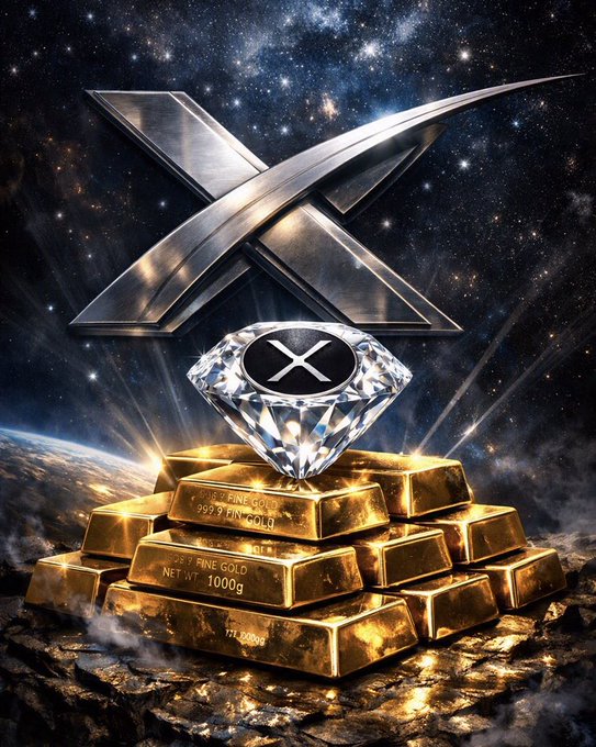 A digital artwork displays a metallic XRP logo above a sparkling diamond bearing the XRP symbol, which rests on a stack of 1000g fine gold bars against a cosmic backdrop.