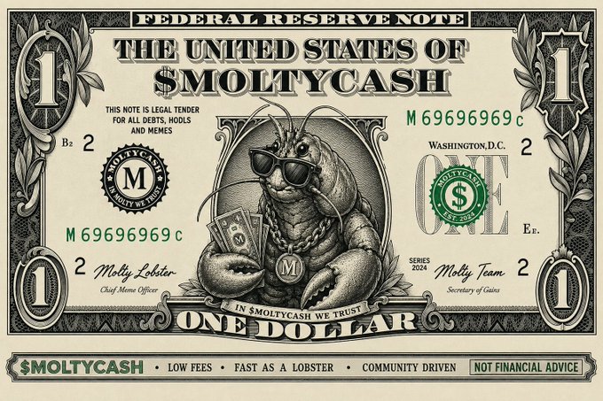 The image displays a playful $1 "Federal Reserve Note" parody bill titled "The United States of $MOLTYCASH," featuring a sunglasses-wearing lobster holding cash with serial number M69696969C, signed by "Moltly Lobster" (CMO) and "Molty Team" (Secretary of Gains). The lobster imagery directly reinforces the post's metaphor about growth through shedding old shells, mirroring the project's theme of adapting, rebuilding, and refusing to stay still.