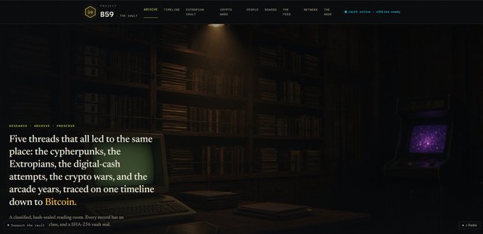 A dark webpage with gold text reading 'Five threads that all led to the same place: the cyberpunks, the Extropians, the digital-cash attempts, the crypto wars, and the arcade years, traced on one timeline down to Bitcoin,' with old computer monitors visible in the dimly lit room.