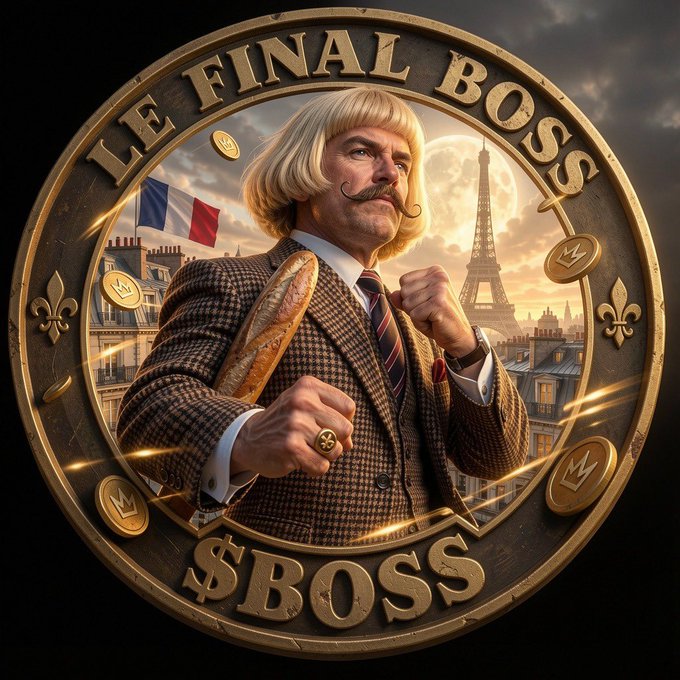 A gold coin-style emblem features a stern man in a tweed suit wielding a baguette, set against a Parisian backdrop with the Eiffel Tower, French flag, and fleur-de-lis motifs, with the text "LE FINAL BOSS" arched above and "$BOSS" displayed at the bottom. The image visually reinforces the post's theme by presenting "$BOSS" as a formidable, final-boss-level contender entering the Solana crypto trenches.