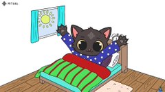 A cartoon black cat character with big eyes stretches in bed next to a "RITUAL" logo and a sun, relating to the "ritual-worms.vercel.app" onchain game being developed with Ritual chain integration.