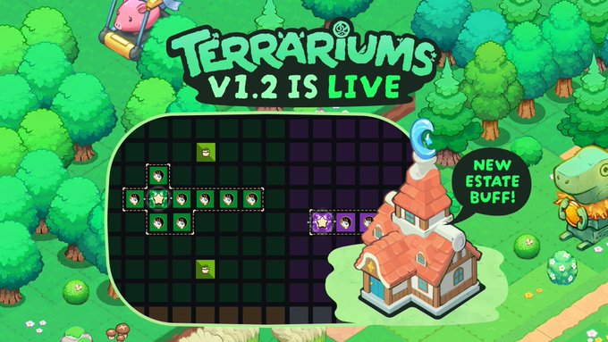 A vibrant promotional graphic for "TERRARIUMS V1.2 IS LIVE" featuring a lush green game world with a grid showing axie inventory (green and purple axies) alongside a red-roofed house labeled "NEW ESTATE BUFF!" and a stack of coins, illustrating the update's new features of multi-part evolution and estate bonuses that boost Flame.