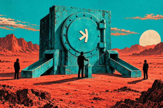 Three silhouetted figures in hats stand before a massive, rusted blue vault marked with the letter "K" in a red desert landscape under a teal sky with a rising moon, visually symbolizing secure escrow custody. The vault door represents how Kaspa covenants lock funds with programmable rules, while the central figure operating the lock and the flanking figures depict the arbiter, buyer, and seller engaged in a secure on-chain transaction.