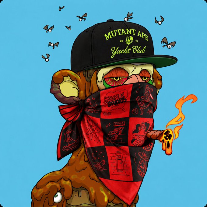 Illustration of a 'Mutant Ape Yacht Club' NFT character wearing a black cap and a red 'Beetle Studios' bandana, smoking a cigar with flies buzzing around it, against a light blue background.