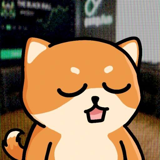 A pixelated illustration of a smiling, contented orange and white Shiba Inu dog, likely the Dogecoin mascot, against a blurred background.