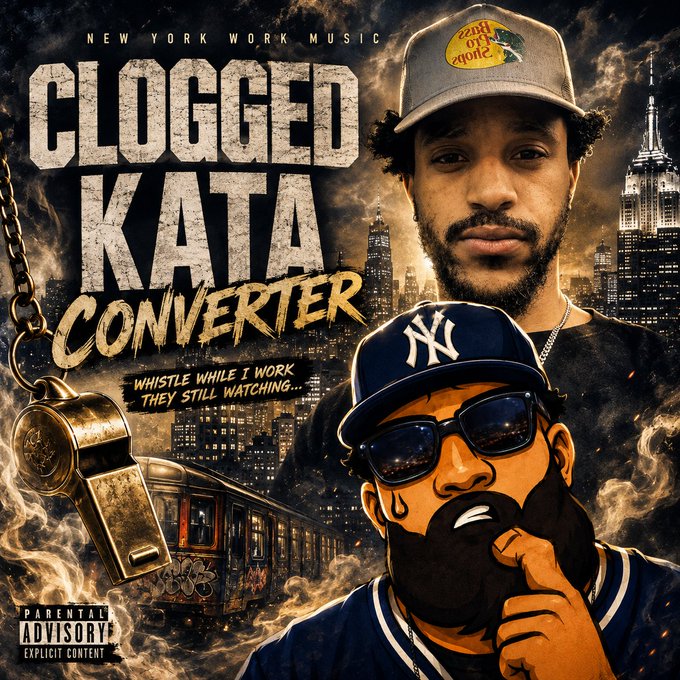 An album cover titled 'CLOGGED KATA CONVERTER' with 'NEW YORK WORK MUSIC' at the top, featuring two illustrated men in baseball caps (one NY Yankees) against a city skyline, with a Parental Advisory Explicit Content label.