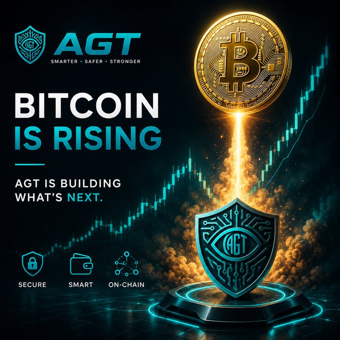 A promotional graphic featuring a gold Bitcoin rocket launching from an AGT-branded shield against a rising candlestick chart, with the headline "BITCOIN IS RISING" and tagline "AGT IS BUILDING WHAT'S NEXT." alongside icons highlighting Secure, Smart, and On-Chain features—visually reinforcing the post's message about AGT positioning itself as the secure, forward-thinking infrastructure for Web3's next phase.