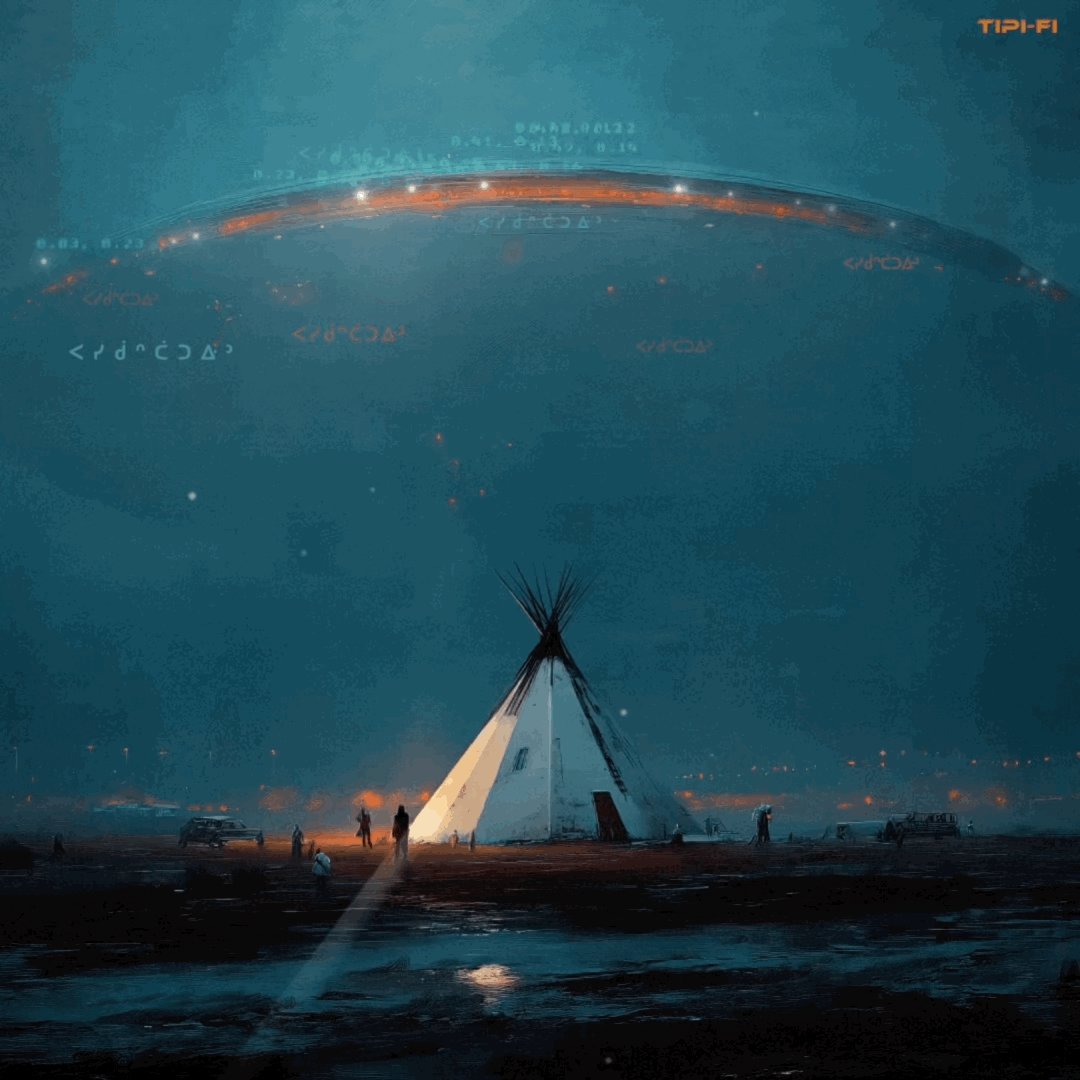 The image features a white teepee with a group of people standing around it, possibly camping or enjoying an outdoor activity. The teepee appears to be located near a body of water, as there are several cars parked nearby. The sky above them is dark blue and filled with stars, creating a serene atmosphere for the gathering. The post about Indigenous Futurism Chi Miigwech seems to be related to this scene, possibly discussing the concept of "liberation" or the importance of preserving cultural heritage in modern times.