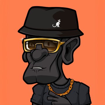 A cartoon illustration of a dark ape character (ApeCoin style) wearing a black bucket hat with a mouse logo, gold-rimmed sunglasses, and a gold chain against an orange background.