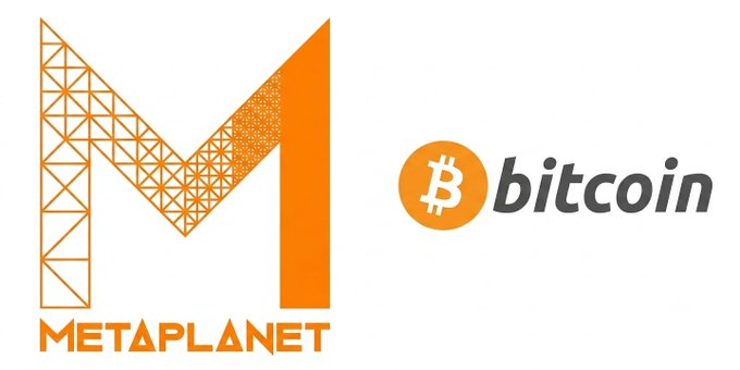 The Metaplanet logo, a large orange 'M' with a triangular mesh design, displayed alongside the Bitcoin logo.