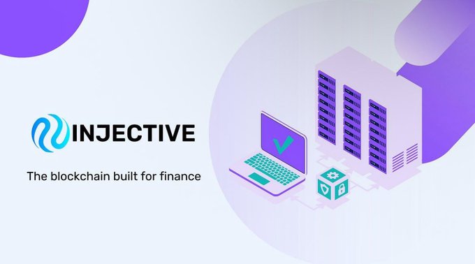 The image displays the Injective logo alongside its tagline "The blockchain built for finance," featuring an isometric illustration of server racks and a laptop with charts, visually representing the blockchain infrastructure that powered a live trade finance transaction between POSCO International and LG CNS as mentioned in the post.