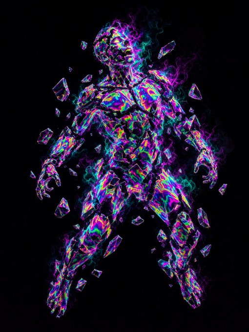 A stylized digital artwork of a muscular figure made of shimmering, multi-colored crystalline shards against a black background.