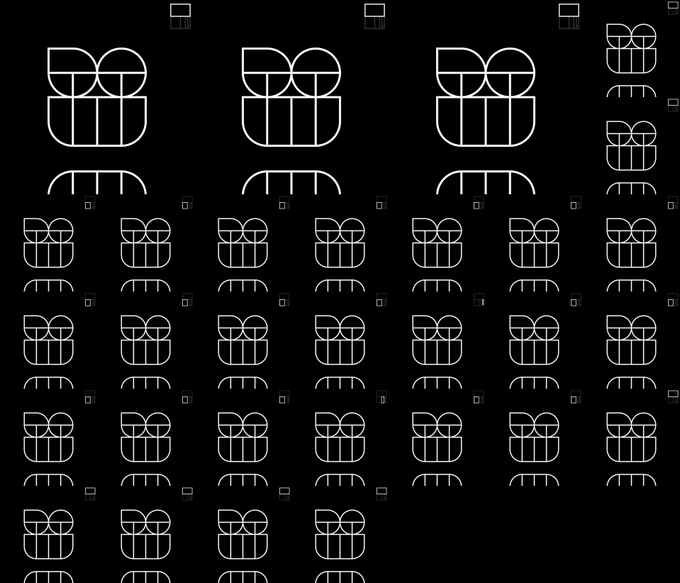 A black background displays a repeating pattern of white line-art icons resembling stylized potted plants or flowers, along with small square symbols scattered throughout.