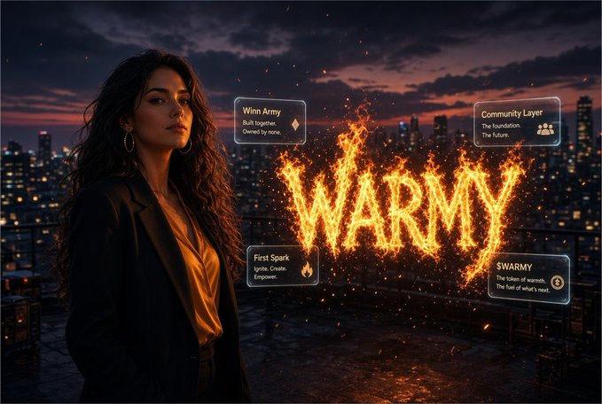 A digital artwork features a woman in a dark blazer against a city skyline at dusk, with the fiery text 'WARMY' surrounded by info boxes labeled 'Winn Army', 'Community Layer', 'First Spark', and '$WARMY'.