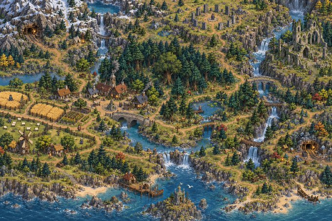 A detailed fantasy landscape illustration depicting a vibrant medieval settlement with stone bridges, waterfalls, dense forests, farmland, windmills, and ships along a rocky coastline.