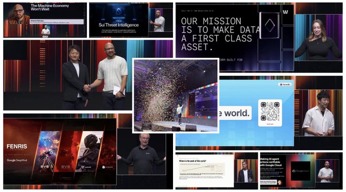 A collage of screenshots from a tech event featuring speakers discussing topics like "The Machine Economy Won't Wait," "Our mission is to make data a first class asset," and partnerships including FENRIS and Google DeepMind.