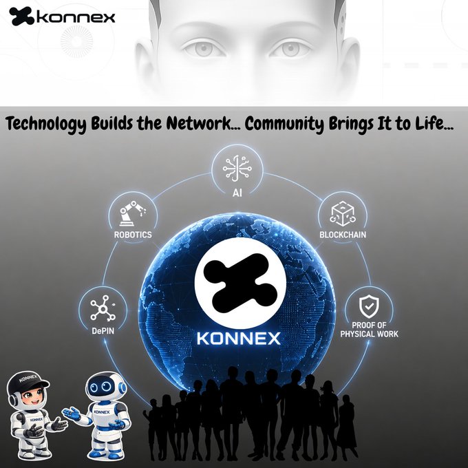 A Konnex promotional image with the tagline 'Technology Builds the Network... Community Brings It to Life...' showcases AI, Robotics, Blockchain, DePIN, and Proof of Physical Work.