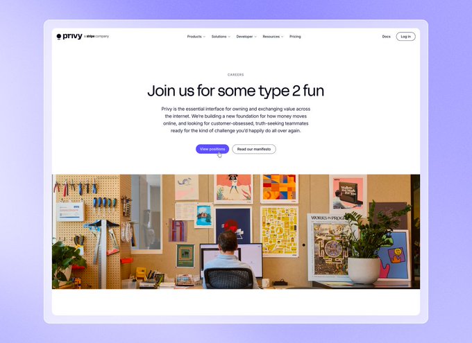 A privacy careers webpage with the headline 'Join us for some type 2 fun' and an image of a person working at a desk surrounded by art and plants.