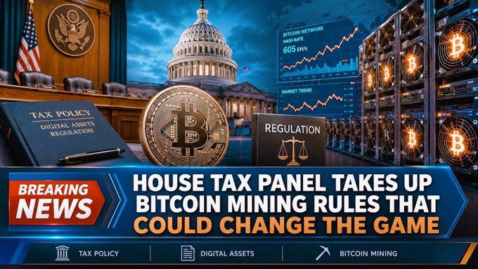 The image features a news headline that reads "House Tax Panel Takes Up Bitcoin Mining Rules That Could Change The Game" with an image of a coin mining machine, a building, and a US Capitol building. The text also includes information about digital assets and tax policy.