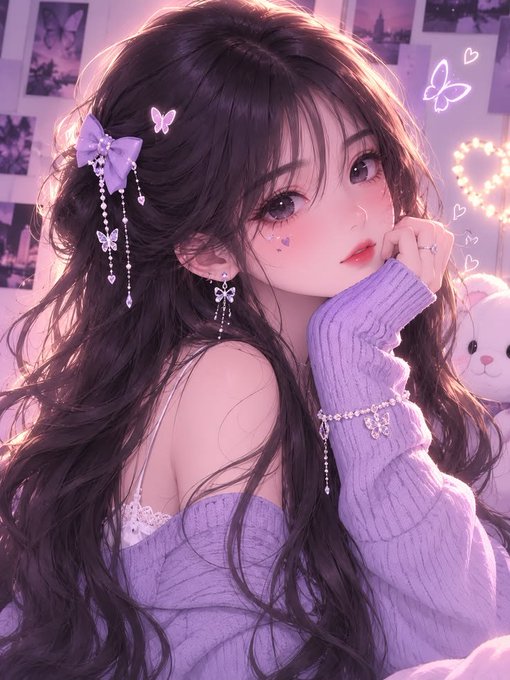 A soft, pastel-toned illustration of a dark-haired girl in a purple sweater with butterfly hair accessories and a matching bow, surrounded by glowing butterflies and hearts.