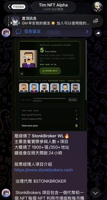 A screenshot of a Telegram channel 'Tim NFT Alpha' featuring a post about a NFT mint whitelist allocation for a pixel-art collection called 'StonkBroker WL', with text in Chinese describing the project and mentioning 1900+ participants and a 24-hour mint window.