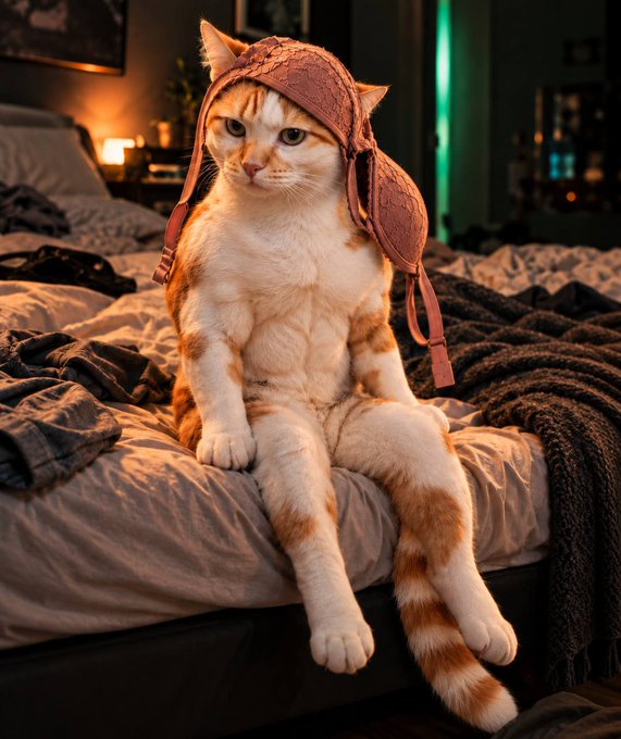An orange and white tabby cat sitting upright on a bed wearing a brown aviator-style leather hat, with its long hind legs splayed forward in an unusually human-like pose.
