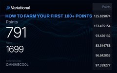 The image shows a Variational "How to Farm Your First 100+ Points" leaderboard, displaying user rankings with points such as 791 and 1699, alongside associated numerical scores like 125.62074 and 153.455154. It illustrates the pre-TGE point farming activity on Variational, drawing a parallel to Lighter's earlier pre-TGE metrics that significantly declined after its token generation event.